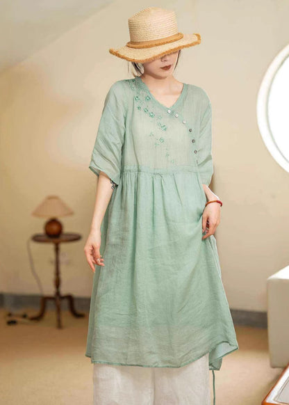 Green Embroidered Patchwork Lace Up Linen Dresses Summer