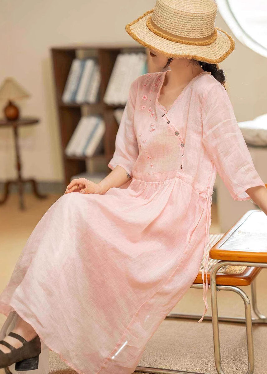 Green Embroidered Patchwork Lace Up Linen Dresses Summer