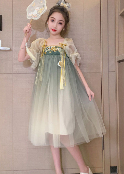 Green Gradient Embroideried Patchwork Tulle Baby Dresses Summer