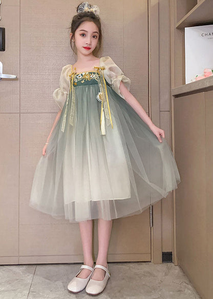 Green Gradient Embroideried Patchwork Tulle Baby Dresses Summer