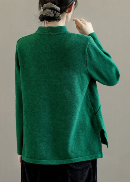 Green Mandarin Collar Embroideried Knit Sweaters Winter