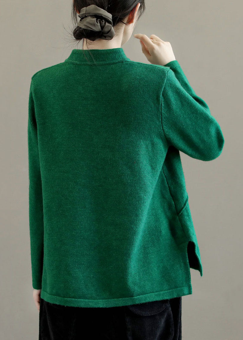 Green Mandarin Collar Embroideried Knit Sweaters Winter