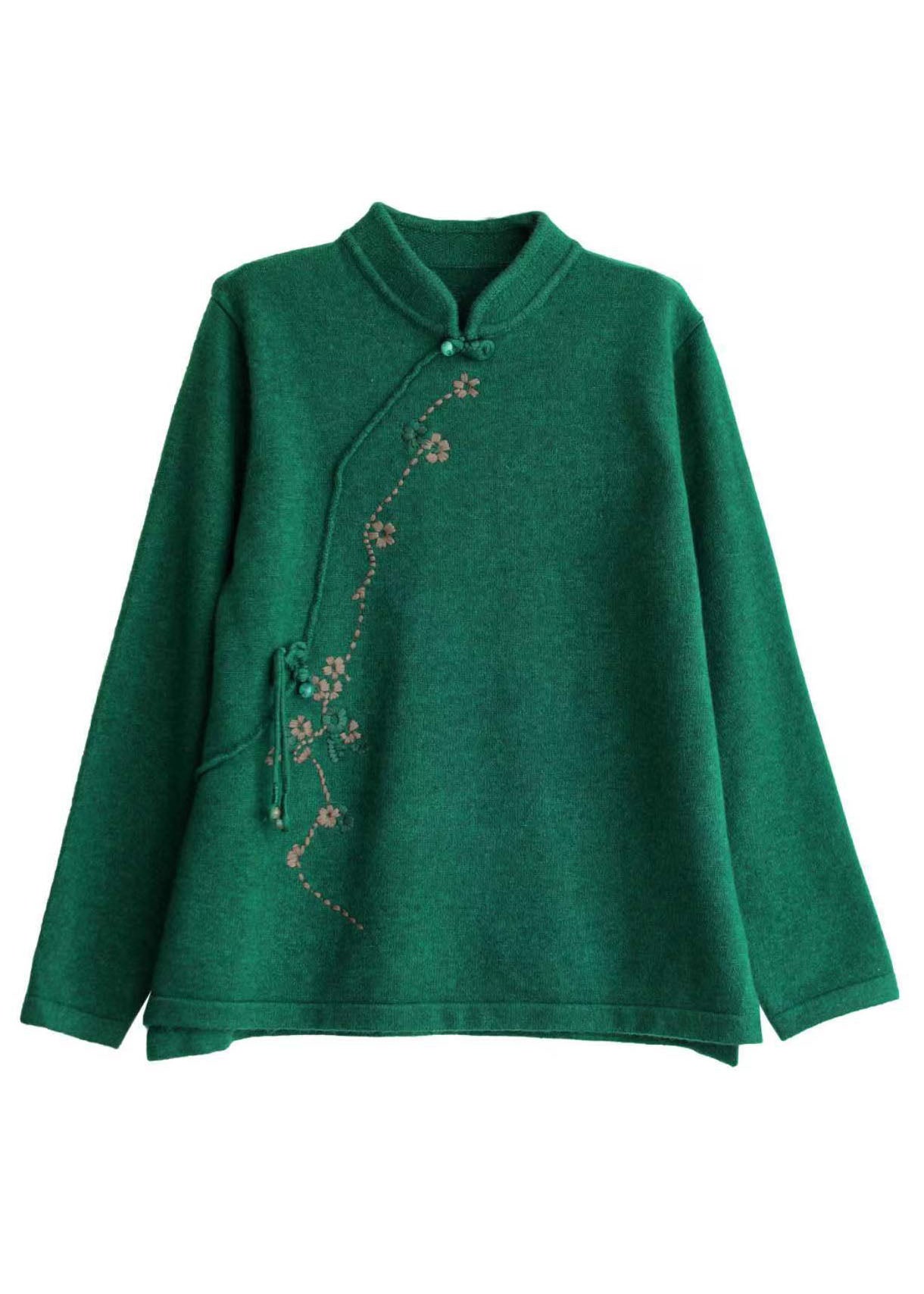 Green Mandarin Collar Embroideried Knit Sweaters Winter