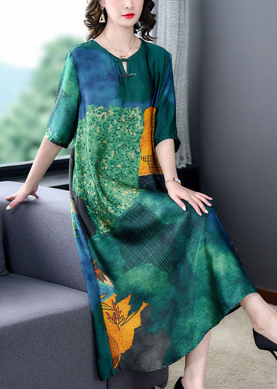 Green O Neck Print Button Patchwork Silk Dress Summer