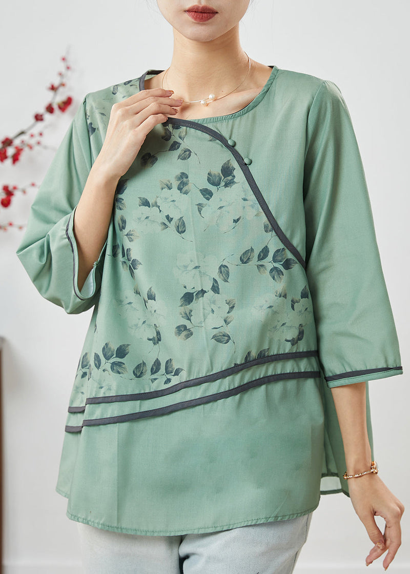 Green O-neck Print Linen Shirt Top Half Sleeve
