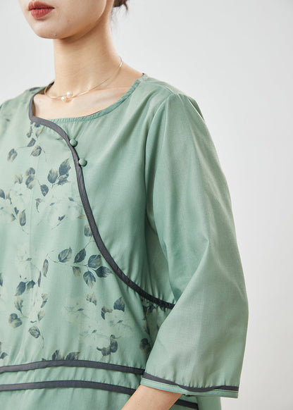 Green O-neck Print Linen Shirt Top Half Sleeve