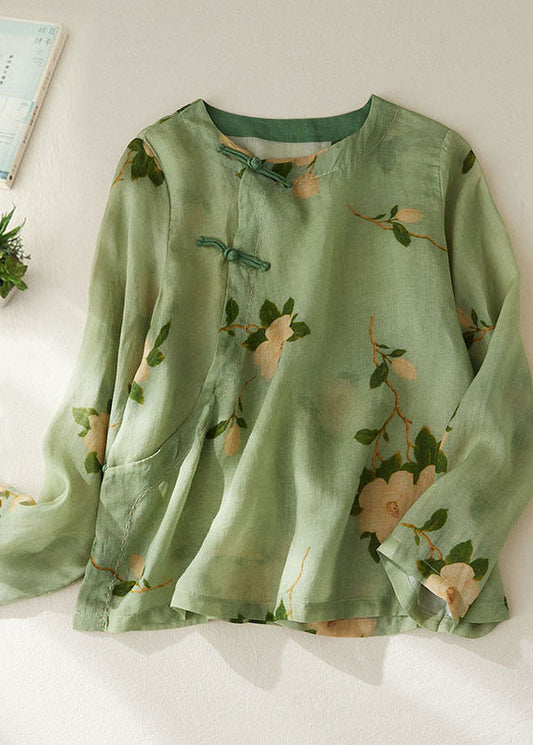 Green O Neck Print Patchwork Cotton Shirt Tops Long Sleeve
