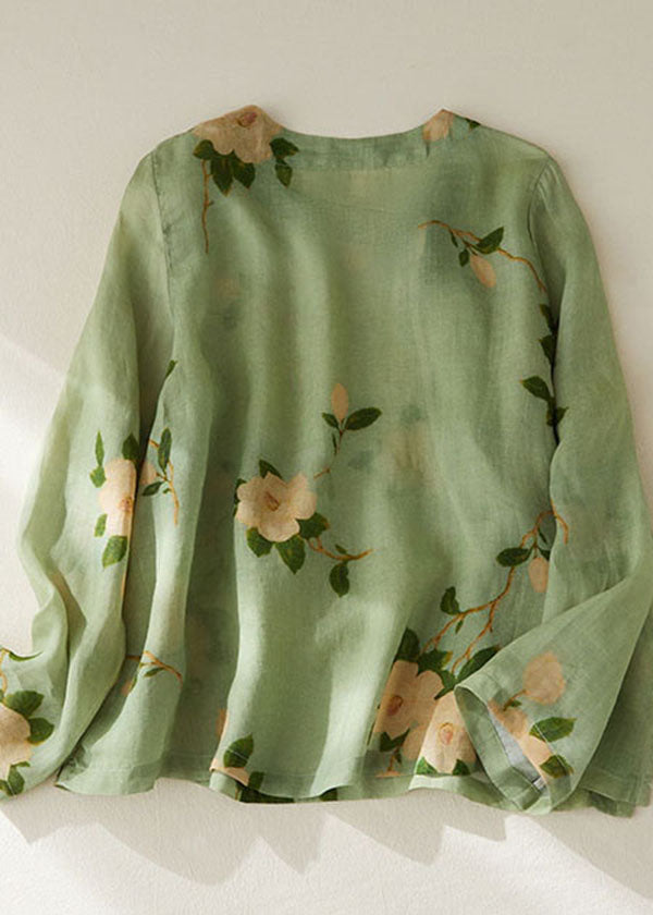 Green O Neck Print Patchwork Cotton Shirt Tops Long Sleeve