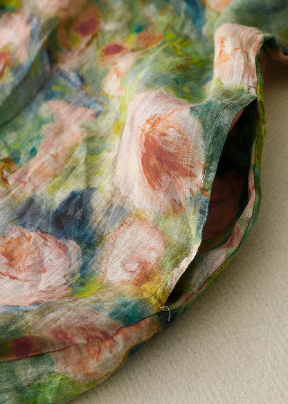 Green O Neck Print Patchwork Linen Mid Dress Bracelet Sleeve