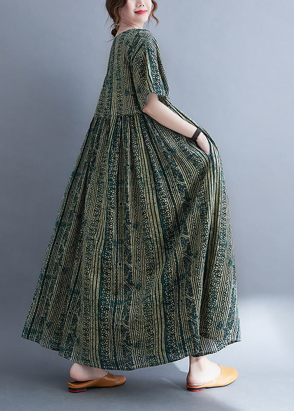 Green O-neck Print Patchwork Maxi Dress Summer