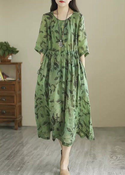 Green O-neck Print Wrinkled Long Dress Summer