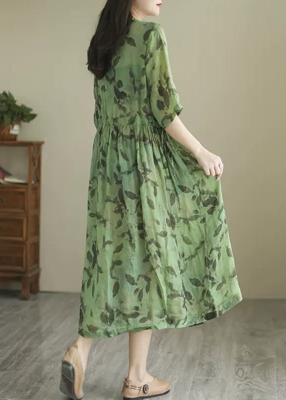 Green O-neck Print Wrinkled Long Dress Summer