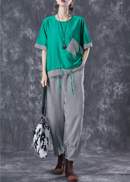 Green Oversized Patchwork Cotton Two Pieces Set Summer