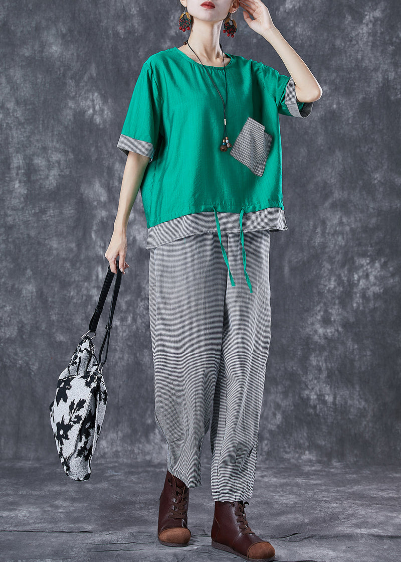 Green Oversized Patchwork Cotton Two Pieces Set Summer