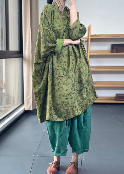 Green Oversized Print Cotton Dresses Batwing Sleeve