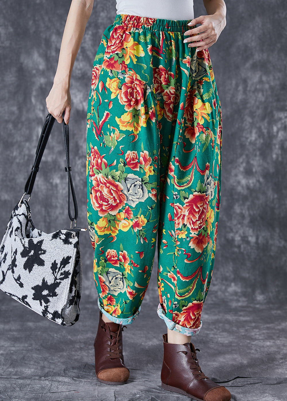 Green Oversized Print Cotton Harem Pants Summer