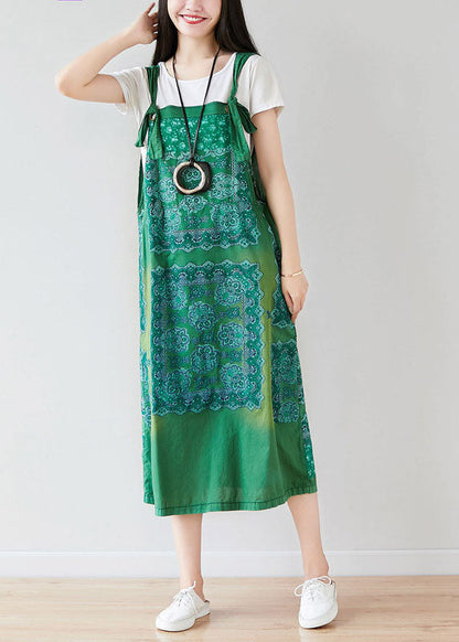 Green Oversized Print Cotton Strap Dress Spring