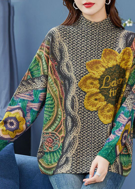Green Oversized Print Thick Wool Knit Top Winter