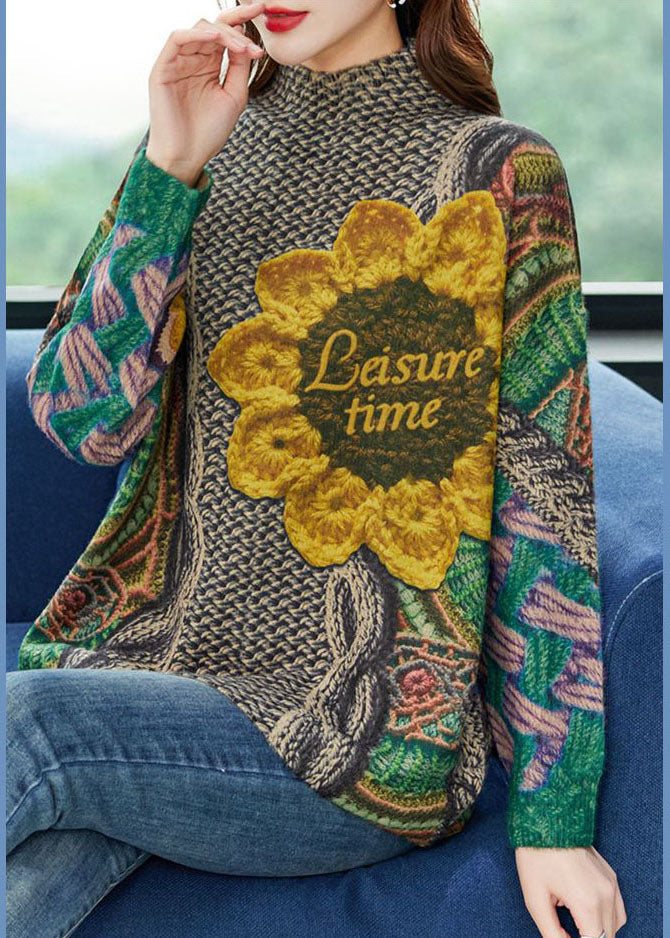Green Oversized Print Thick Wool Knit Top Winter