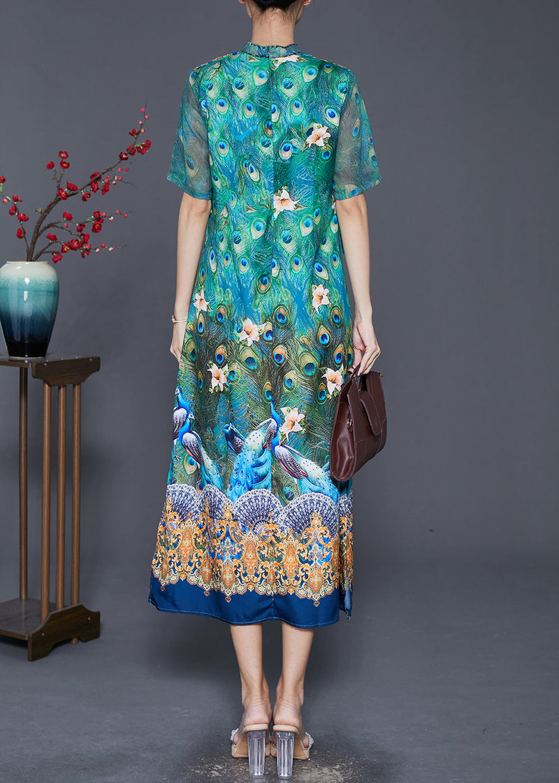 Green Peacock Print Side Open Silk Dress Summer