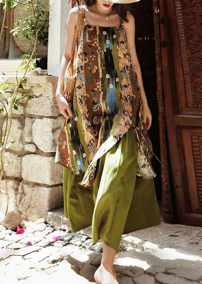 Green Print Holiday Long Spaghetti Strap Dress Sleeveless