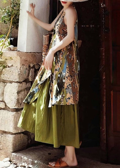 Green Print Holiday Long Spaghetti Strap Dress Sleeveless