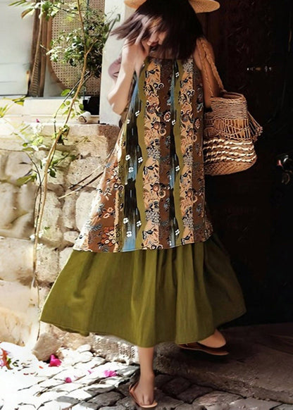 Green Print Holiday Long Spaghetti Strap Dress Sleeveless