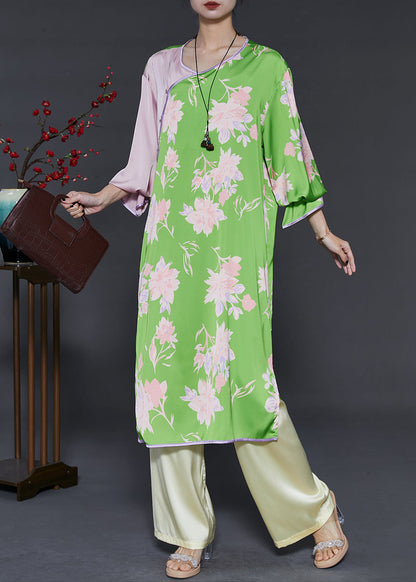Green Print Patchwork Silk Two Pieces Set Summer