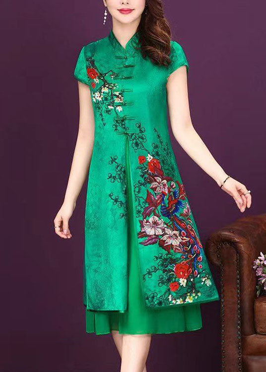 Green Stand Collar Chinese Button Patchwork Silk Dress Summer