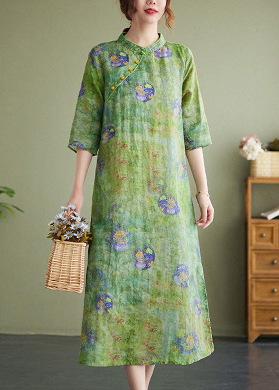 Green Stand Collar Print Side Open Cotton Linen Cheongsam Dress Half Sleeve