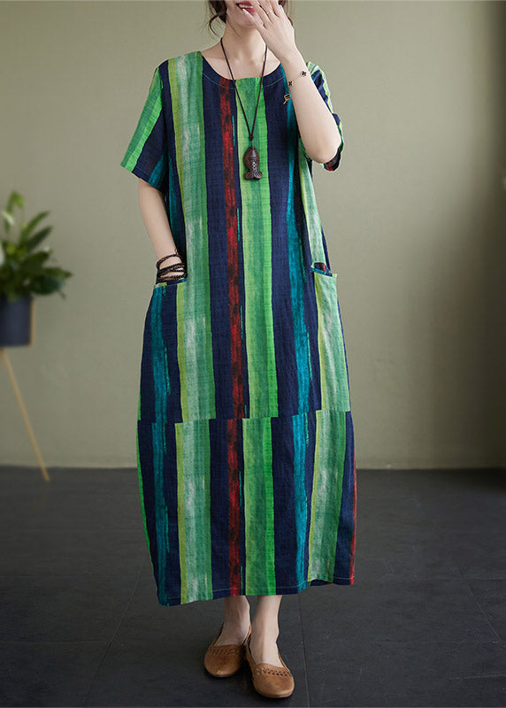 Green Striped O-neck Holiday Long Dress Short Sleeve