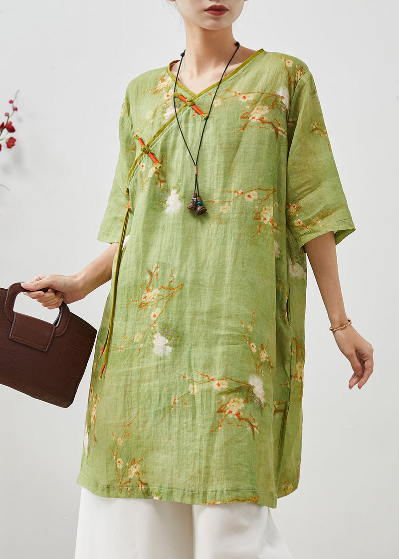 Green Tasseled Print Linen Oriental Dress Summer