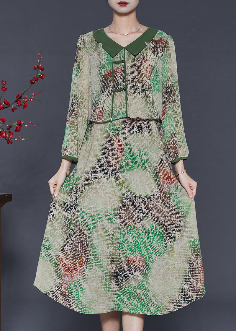 Green Tie Dye Chinese Button Chiffon Fake Two Piece Dress Spring