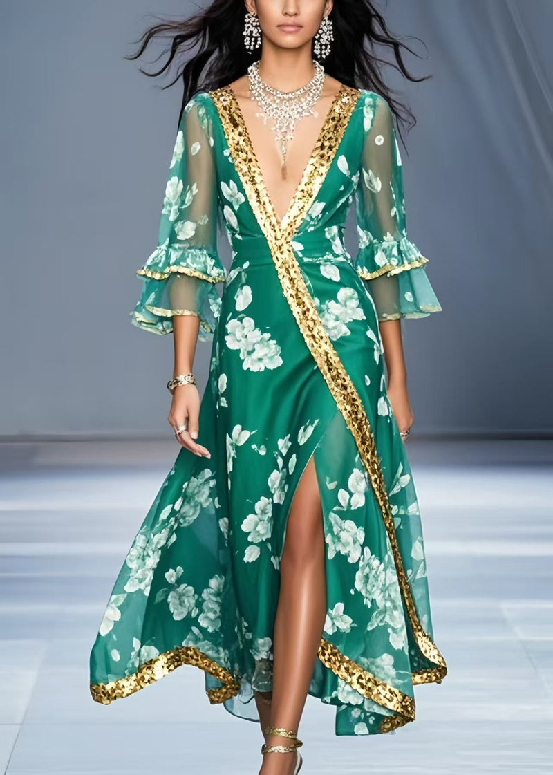 Green V Neck Print Chiffon Holiday Dress Flare Sleeve