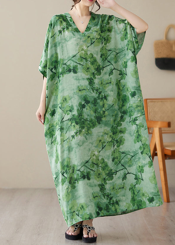 Green V Neck Print Maxi Beach Dress Short Sleeve