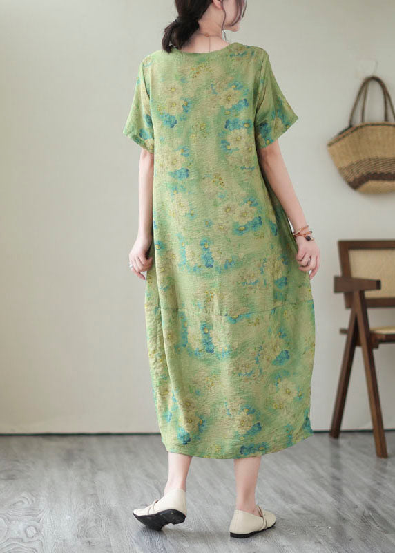 Green V Neck Print Patchwork Long Cotton Dress Summer