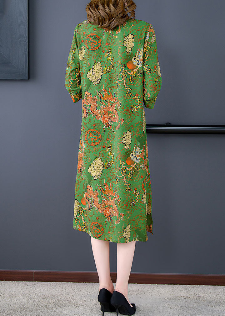 Green V Neck Print Patchwork Silk Mid Dress Summer