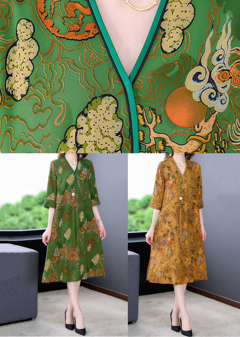 Green V Neck Print Patchwork Silk Mid Dress Summer