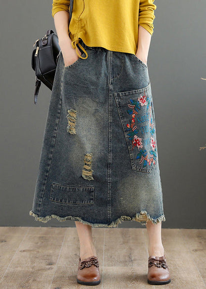 Grey Asymmetrical Embroideried Patchwork High Waist Denim Maxi Skirts Summer