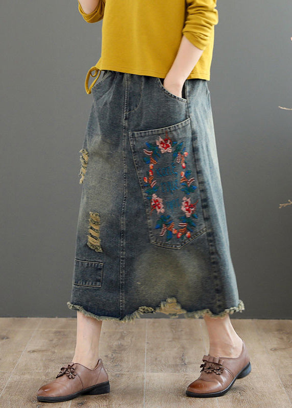 Grey Asymmetrical Embroideried Patchwork High Waist Denim Maxi Skirts Summer