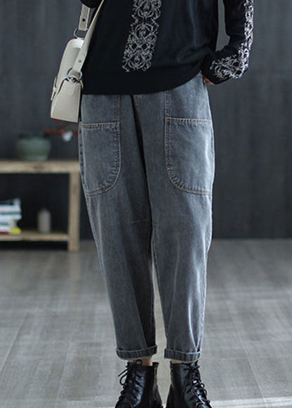 Grey High Waist Pockets Harem Fall Denim Pants