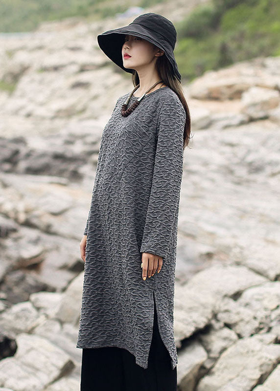 Grey Jacquard Side Open Knit Long Sweater Winter