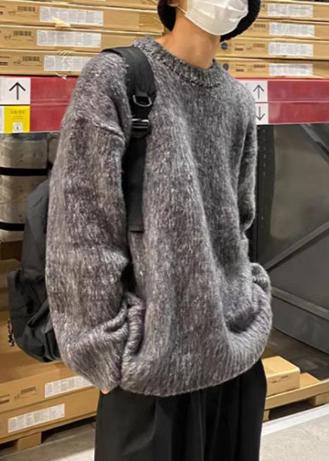 Grey O Neck Thick Cotton Knit Sweaters Spring