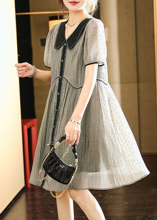 Grey Peter Pan Collar Wrinkled Patchwork Silk Dress Summer