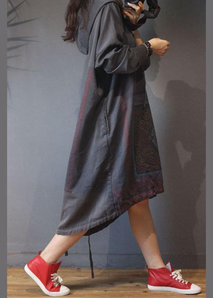 Grey Print Cotton Hooded Summer Dress
