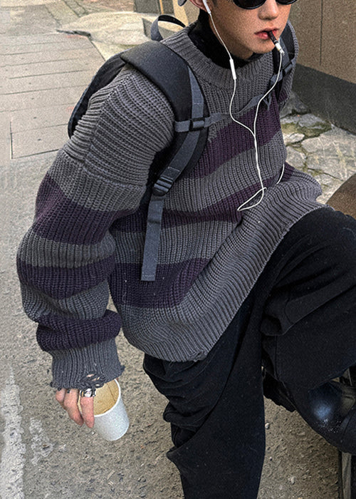 Grey Striped Cozy Patchwork Knit Sweater Spring