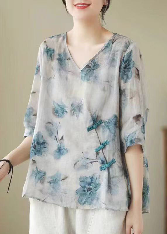 White V Neck Print Chinese Button Patchwork Linen Blouse Top Summer