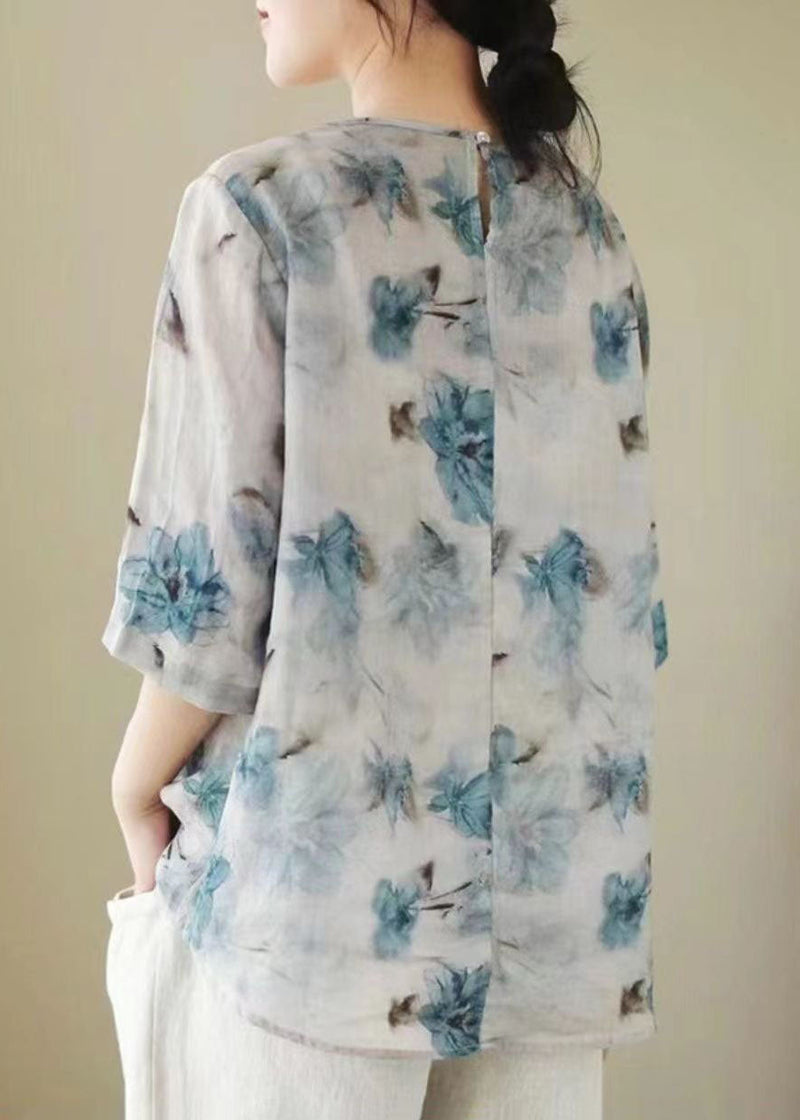 White V Neck Print Chinese Button Patchwork Linen Blouse Top Summer