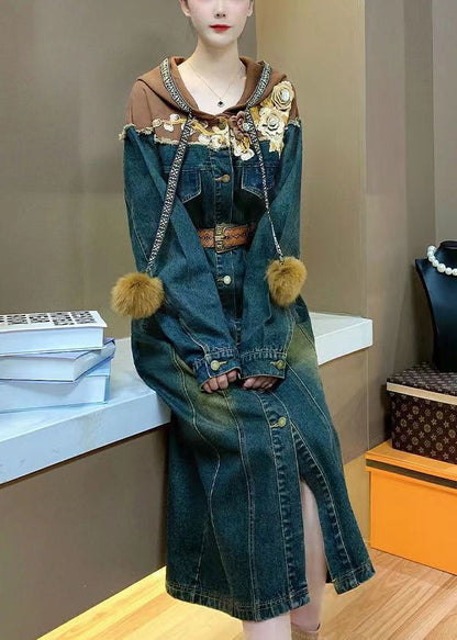 Hooded Sashes Patchwork Denim Shirts Dresses Spring