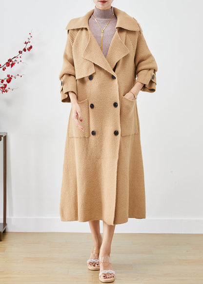Khaki Double Breast Pockets Knit Trench Coats Fall